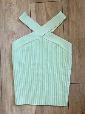 Babaton Aritzia Sculpt Knit Cross Front Top Mint Green Ribbed NWOT M